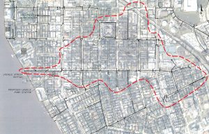 The dashed line shows the drainage divide in the San Marco neighborhood. Moro, Colombo, LaRue and Belmont streets should drain to Landon Park Pump Station after it is completed, while the areas to the north of those streets will drain to the Lasalle Pump Station instead of the Landon Park Pump Station.