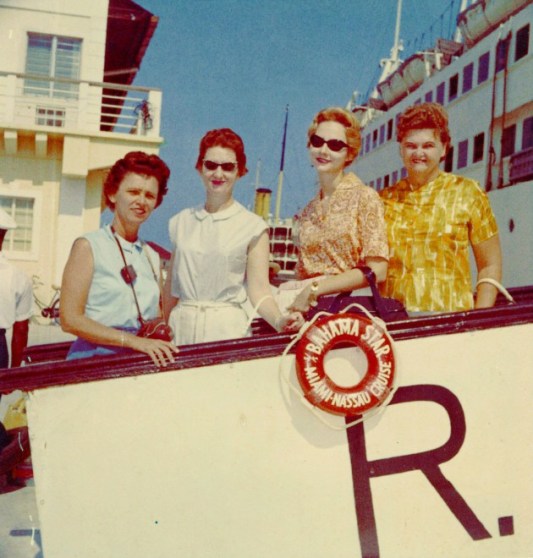 Libby’s good friend from Miami, Betty Picot, Libby, Barbara, and Betty’s friend board a cruise ship on a trip to Nassau in 1962, one of several cruises that Barbara was able to take while working for the Jacksonville Shipyards.