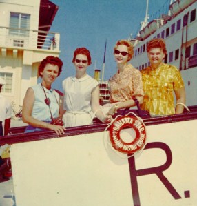 Libby’s good friend from Miami, Betty Picot, Libby, Barbara, and Betty’s friend board a cruise ship on a trip to Nassau in 1962, one of several cruises that Barbara was able to take while working for the Jacksonville Shipyards.