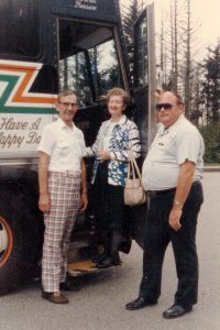 Randy and Libby board the bus for one of the senior trips she organized. This one was to Tallahassee. They ate in the cafeteria where the legislators ate. It was a bus full of 50 people from her church and the Methodist church downtown.